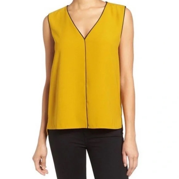 Halogen Tops - Halogen Piped V-Neck Sleeveless Blouse Mustard Yellow Size Medium Office New